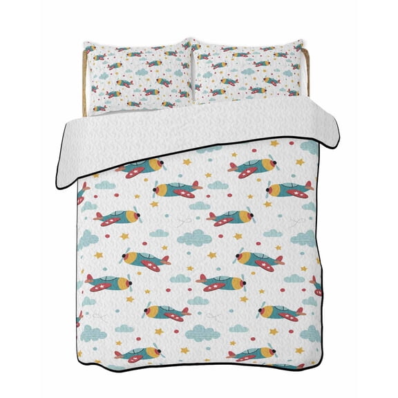 Quilts Queen Size Bedding Set, Turquoise Airplane Reversible Summer Quilt 3 Pieces, Modern Art Cartoon Aircraft Clouds Lightweight Bedspreads Coverlets with 2 Pillow Shams for All Seasons