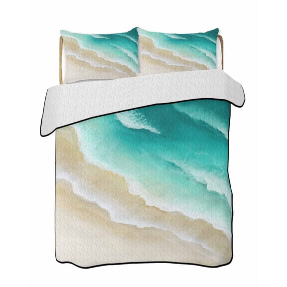 Quilts Queen Size Bedding Set, Turquoise Ombre Oceans Reversible Summer Quilt 3 Pieces, Watercolor Summer Coastal Beach Waves Lightweight Bedspreads Coverlets with 2 Pillow Shams for All Seasons
