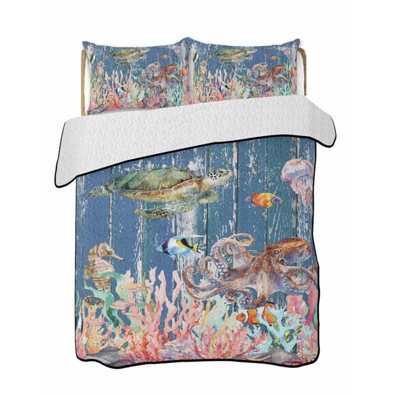 Quilts Queen Size Bedding Set, Turtle Coastal Lightweight Quilted Comforter, Nautical Summer Beach Coral Octopus Blue Wooden Soft Bedspread Coverlet with Pillow Covers for All Season, 90" x 96"