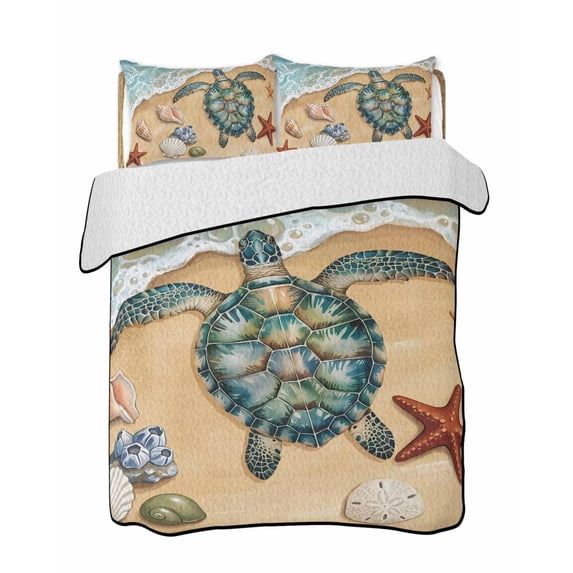 Quilts Queen Size Bedding Set, Turtle Seaside Reversible Summer Quilt 3 Pieces, Coastal Waves Starfish Summer Beach Nautical Lightweight Bedspreads Coverlets with 2 Pillow Shams for All Seasons