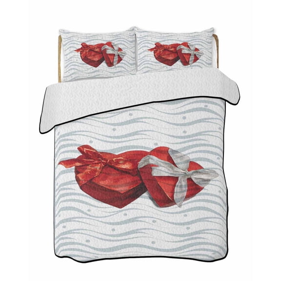 Quilts Queen Size Bedding Set, Valentine's Day Reversible Summer Quilt 3 Pieces, Red Love Gift Box Abstract Dots Stripes Lightweight Bedspreads Coverlets with 2 Pillow Shams for All Seasons