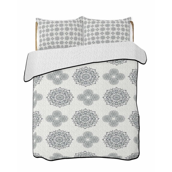 Quilts Queen Size Bedding Set, Vintage Bohemia Lightweight Quilted Comforter, Blue Gray Boho Abstract Flowers Beige Soft Reversible Bedspread Coverlet with Pillow Covers for All Season, 90" x 96"