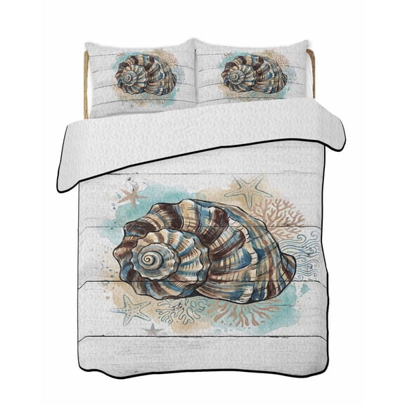 Quilts Queen Size Bedding Set, Vintage Coastal Lightweight Quilted Comforter, Summer Sea Marine Conch Starfish Wooden Soft Reversible Bedspread Coverlet with Pillow Covers for All Season, 90" x 96"