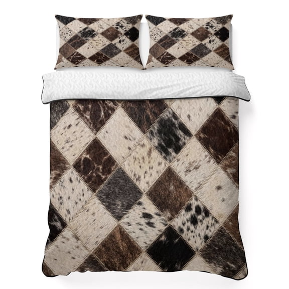 Quilts Queen Size Bedding Set, Vintage Cow Print Lightweight Quilted Comforter, Farmhouse Cowhide Fur Geometric Brown Soft Reversible Bedspread Coverlet with Pillow Covers for All Season, 90" x 96"
