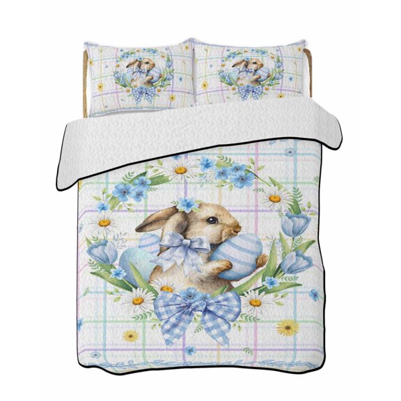 Quilts Queen Size Bedding Set, Watercolor Easter Reversible Summer Quilt 3 Pieces, Cute Rabbits Flower Wreath Eggs Bow Plaid Lightweight Bedspreads Coverlets with 2 Pillow Shams for All Seasons