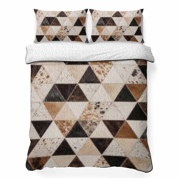 Quilts Queen Size Bedding Set, Western Cow Print Lightweight Quilted Comforter, Abstract Geometric Cowhide Fur Brown Soft Reversible Bedspread Coverlet with Pillow Covers for All Season, 90" x 96"