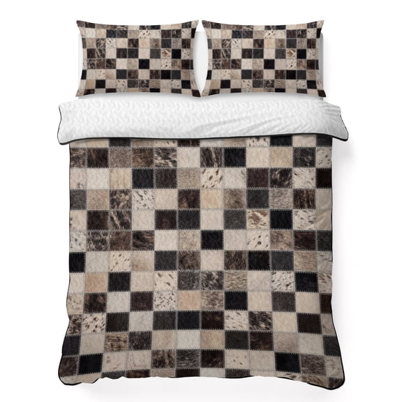 Quilts Queen Size Bedding Set, Western Cow Print Lightweight Quilted Comforter, Farmhouse Cowhide Plaid Checkered Brown Soft Reversible Bedspread Coverlet with Pillow Covers for All Season, 90" x 96"