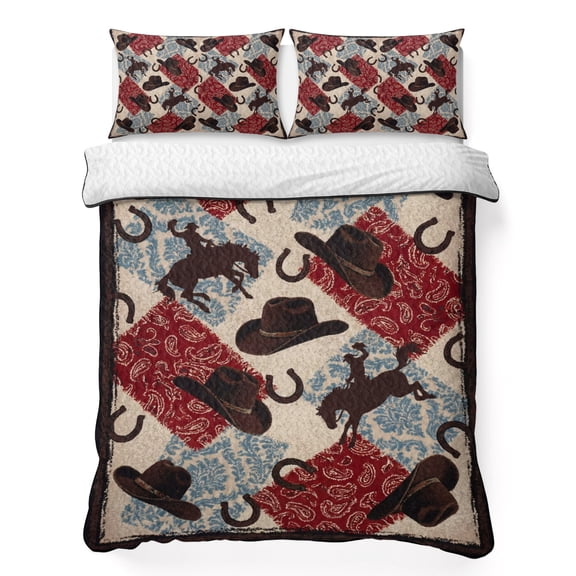 Quilts Queen Size Bedding Set, Western Cowboy Lightweight Quilted Comforter, Country Horse Hat Red Blue Paisley Flower Soft Reversible Bedspread Coverlet with Pillow Covers for All Season, 90" x 96"