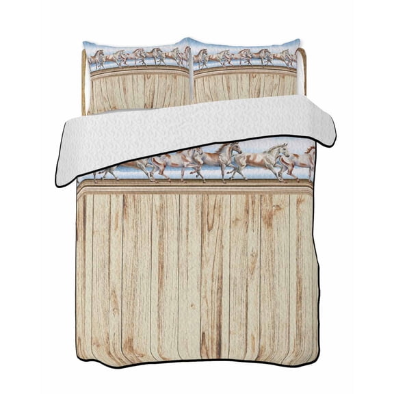 Quilts Queen Size Bedding Set, Western Horse Reversible Summer Quilt 3 Pieces, Farmhouse Wooden Grain Vintage Cowboy Barn Door Lightweight Bedspreads Coverlets with 2 Pillow Shams for All Seasons