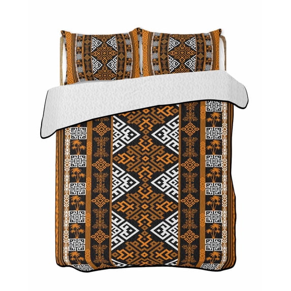 Quilts Queen Size Bedding Set, Yellow Beige Boho Reversible Summer Quilt 3 Pieces, Geometric Vintage Abstract Art Ethnic Lightweight Bedspreads Coverlets with 2 Pillow Shams for All Seasons