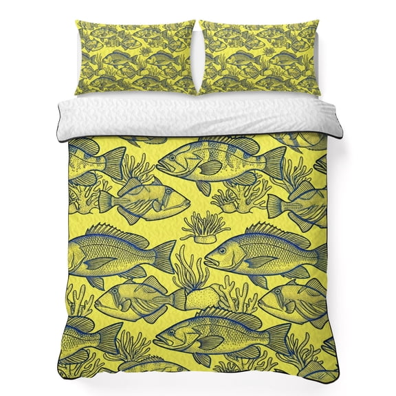 Quilts Queen Size Bedding Set, Yellow Blue Coastal Fish Lightweight Quilted Comforter, Beach Animals Coral Nautical Soft Reversible Bedspread Coverlet with Pillow Covers for All Season, 90" x 96"