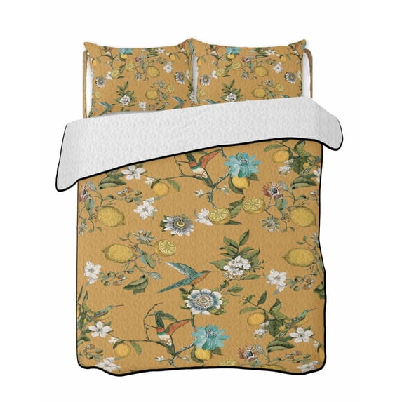 Quilts Queen Size Bedding Set, Yellow Botanical Reversible Summer Quilt 3 Pieces, Spring Floral Summer Lemon Birds Lightweight Bedspreads Coverlets with 2 Pillow Shams for All Seasons