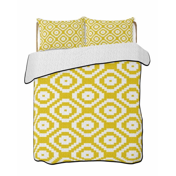 Quilts Queen Size Bedding Set, Yellow Geometric Lightweight Quilted Comforter, Modern Abstract Art Rhombus Soft Reversible Bedspread Coverlet with Pillow Covers for All Season, 90" x 96"