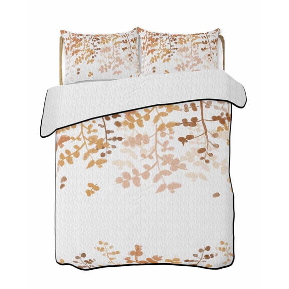 Quilts Queen Size Bedding Set, Yellow Leaves Reversible Summer Quilt 3 Pieces, Summer Botanical Lightweight Bedspreads Coverlets with 2 Pillow Shams for All Seasons