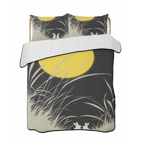 Quilts Queen Size Bedding Set, Yellow Moonlight Reversible Summer Quilt 3 Pieces, Modern Rustic Rabbits Botanical Lightweight Bedspreads Coverlets with 2 Pillow Shams for All Seasons