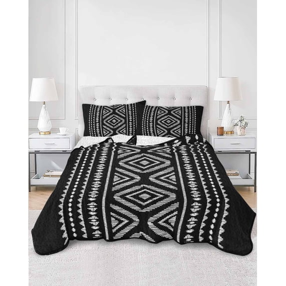 Quilts Queen Size, Black Boho Geometric Soft Comforter Bedding Set for Bed, Vintage Southwestern Stripes Lightweight Quilted Bedspread with Pillow Cover(2 Pieces) for All Season, 90x96 Inch