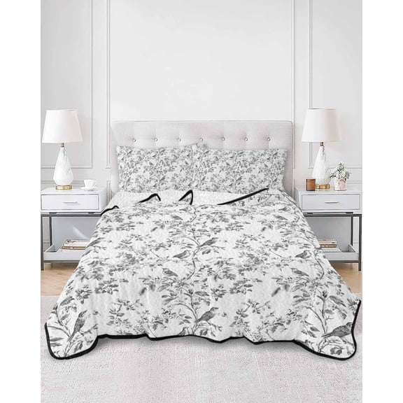 Quilts Queen Size, Black Botanical Soft Comforter Bedding Set for Bed, Watercolor Birds Summer Spring Lightweight Quilted Bedspread with Pillow Cover(2 Pieces) for All Season, 90x96 Inch
