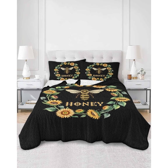 Quilts Queen Size, Black Sunflowers Bees Soft Comforter Bedding Set for Bed, Farmhouse Honey Floral Rings Lightweight Quilted Bedspread with Pillow Cover(2 Pieces) for All Season, 90x96 Inch