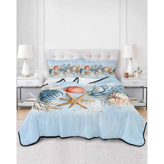 Quilts Queen Size, Blue Coastal Soft Comforter Bedding Set for Bed, Summer Nautical Beach Conch Starfish Coral Lightweight Quilted Bedspread with Pillow Cover(2 Pieces) for All Season, 90x96 Inch