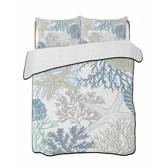 Quilts Queen Size, Blue Coral Coastal Soft Comforter Bedding Set for Bed, Summer Beach Ocean Starfish Conch Lightweight Quilted Bedspread with Pillow Cover(2 Pieces) for All Season, 90x96 Inch
