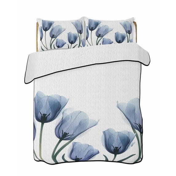 Quilts Queen Size, Blue Tulips Soft Comforter Bedding Set for Bed, Spring Summer Floral Rustic Botanical Lightweight Quilted Bedspread with Pillow Cover(2 Pieces) for All Season, 90x96 Inch