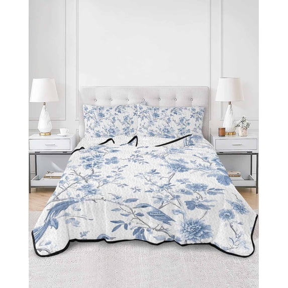 Quilts Queen Size, Blue White Spring Floral Soft Comforter Bedding Set for Bed, Summer Botanical Birds Lightweight Quilted Bedspread with Pillow Cover(2 Pieces) for All Season, 90x96 Inch