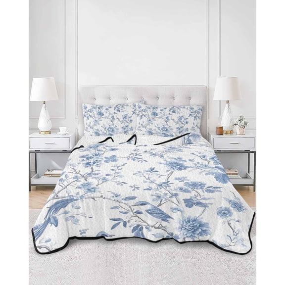 Quilts Queen Size, Blue White Spring Floral Soft Comforter Bedding Set for Bed, Summer Botanical Birds Lightweight Quilted Bedspread with Pillow Cover(2 Pieces) for All Season, 90x96 Inch