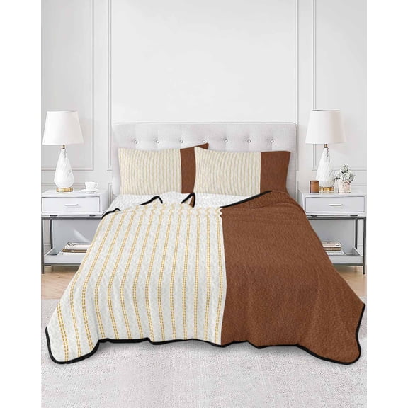 Quilts Queen Size, Boho Brown Leather Texture Soft Comforter Bedding Set for Bed, Modern Yellow Striped Lightweight Quilted Bedspread with Pillow Cover(2 Pieces) for All Season, 90x96 Inch