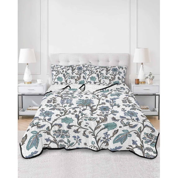 Quilts Queen Size, Boho Leaf Soft Comforter Bedding Set for Bed, Teal Green Spring Farmhouse Pastoral Tribal Lightweight Quilted Bedspread with Pillow Cover(2 Pieces) for All Season, 90x96 Inch