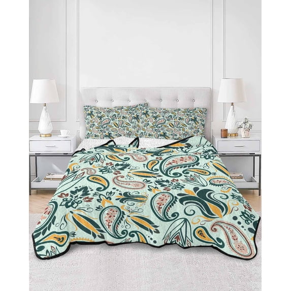 Quilts Queen Size, Boho Sage Green Floral Soft Comforter Bedding Set for Bed, Farmhouse Botanical Vintage Paisley Flower Lightweight Quilted Bedspread with Pillow Cover(2 Pieces), 90x96 Inch