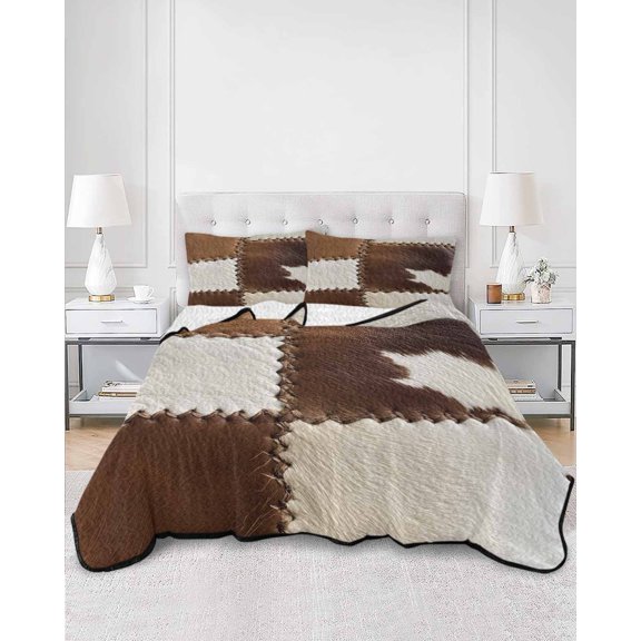 Quilts Queen Size, Brown White Leather Texture Soft Comforter Bedding Set for Bed, Abstract Art Cowhide Lightweight Quilted Bedspread with Pillow Cover(2 Pieces) for All Season, 90x96 Inch