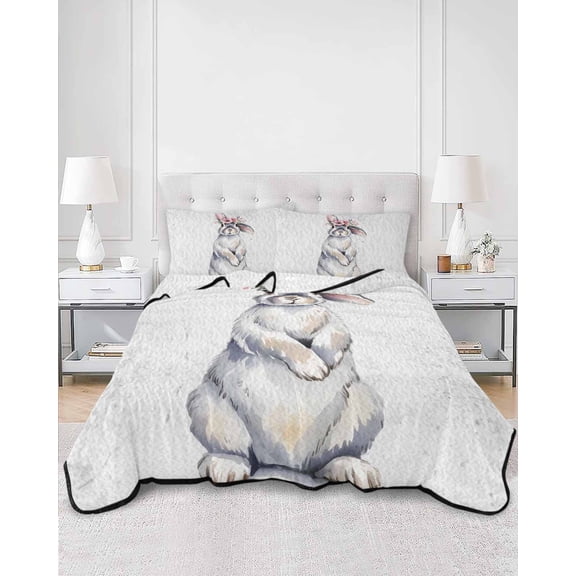 Quilts Queen Size, Bunny Easter Soft Comforter Bedding Set for Bed, Rabbits Farmhouse Floral Animals Lightweight Quilted Bedspread with Pillow Cover(2 Pieces) for All Season, 90x96 Inch