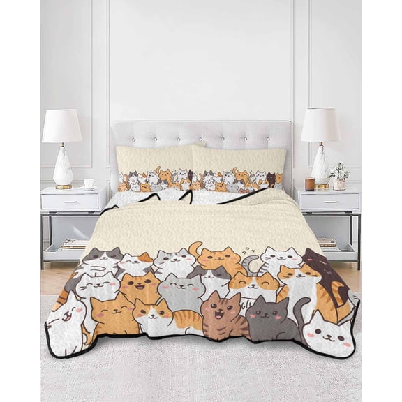 Quilts Queen Size, Cartoon Cat Soft Comforter Bedding Set for Bed, Modern Simple Funny Cute Animals Art Lightweight Quilted Bedspread with Pillow Cover(2 Pieces) for All Season, 90x96 Inch