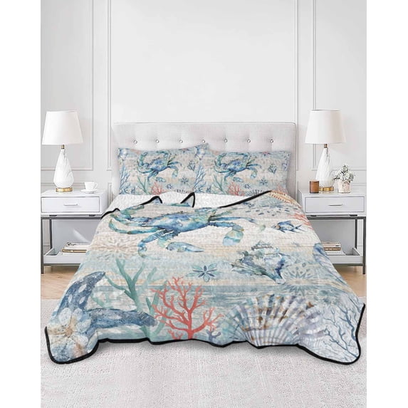 Quilts Queen Size, Coastal Crab Soft Comforter Bedding Set for Bed, Nautical Beach Ocean Conch Coral Starfish Lightweight Quilted Bedspread with Pillow Cover(2 Pieces) for All Season, 90x96 Inch