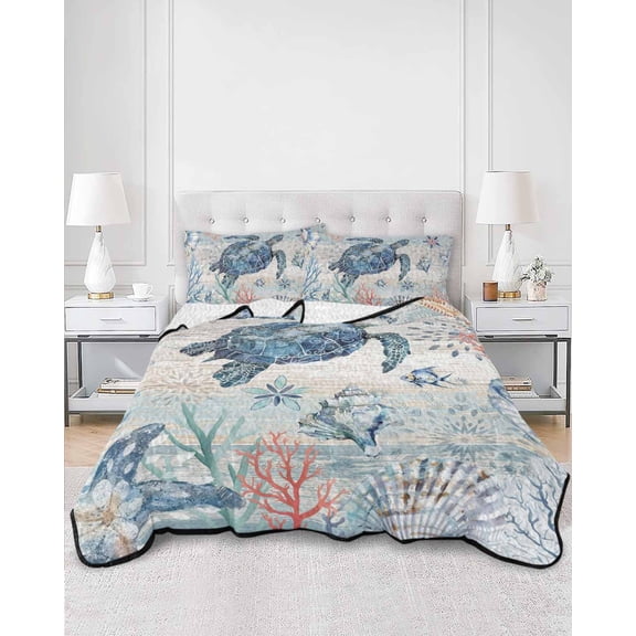 Quilts Queen Size, Coastal Turtle Soft Comforter Bedding Set for Bed, Rustic Nautical Starfish Conch Coral Wood Lightweight Quilted Bedspread with Pillow Cover(2 Pieces) for All Season, 90x96 Inch