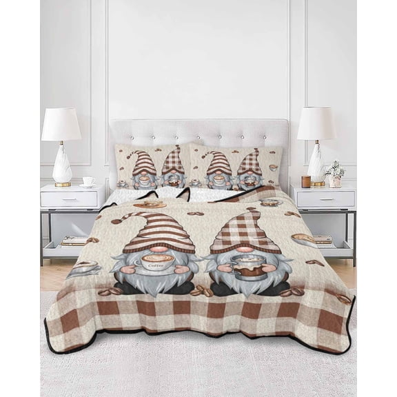 Quilts Queen Size, Coffee Gnomes Soft Comforter Bedding Set for Bed, Coffee Cups Beans Beige Plaid Lightweight Quilted Bedspread with Pillow Cover(2 Pieces) for All Season, 90x96 Inch