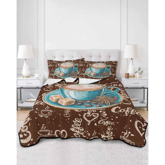 Quilts Queen Size, Coffee Soft Comforter Bedding Set for Bed, Brown Teal Pastoral Vintage Art Lightweight Quilted Bedspread with Pillow Cover(2 Pieces) for All Season, 90x96 Inch