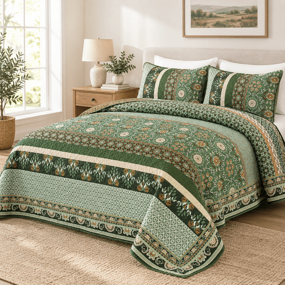Quilts Queen Size Fall Olive Green Bedspreads Bedding Set