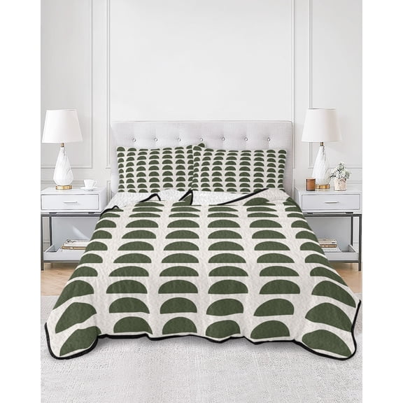 Quilts Queen Size, Forest Green Boho Soft Comforter Bedding Set for Bed, Middle Century Geometric Abstract Art Lightweight Quilted Bedspread with Pillow Cover(2 Pieces) for All Season, 90x96 Inch