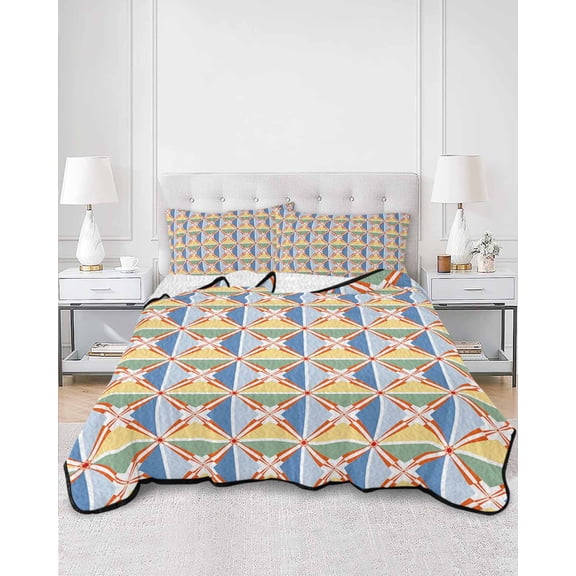 Quilts Queen Size, Geometric Navy Plaid, Soft Comforter Bedding Set for Bed, Abstract Minimalistic Ethnic Grid Flowers Lightweight Quilted Bedspread with Pillow Cover(2 Pieces), 90x96 Inch