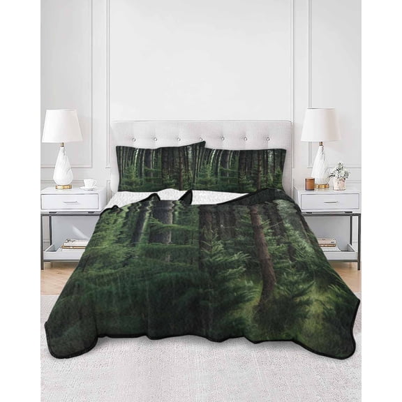 Quilts Queen Size, Green Forest Soft Comforter Bedding Set for Bed, Mysterious Primitive Forest Pine Tree Lightweight Quilted Bedspread with Pillow Cover(2 Pieces) for All Season, 90x96 Inch