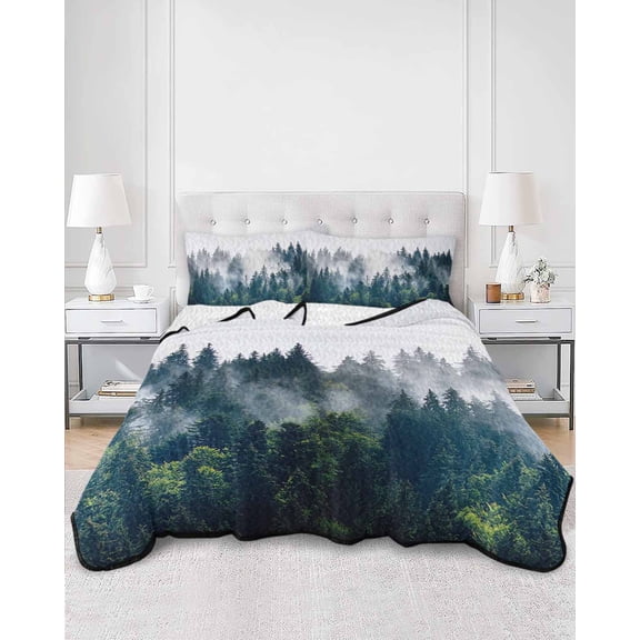 Quilts Queen Size, Green Forest Soft Comforter Bedding Set for Bed, Natural Landscape Modern Abstract Art Lightweight Quilted Bedspread with Pillow Cover(2 Pieces) for All Season, 90x96 Inch