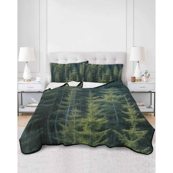 Quilts Queen Size, Green Forest Soft Comforter Bedding Set for Bed, Pine Tree Summer Botanical Modern Art Lightweight Quilted Bedspread with Pillow Cover(2 Pieces) for All Season, 90x96 Inch