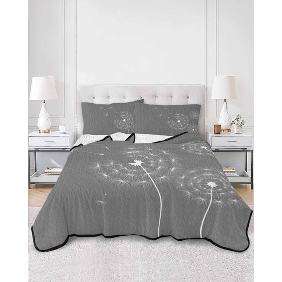 Quilts Queen Size, Grey Dandelion Soft Comforter Bedding Set for Bed, Abstract Art Simple Floral Lightweight Quilted Bedspread with Pillow Cover(2 Pieces) for All Season, 90x96 Inch