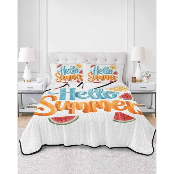 Quilts Queen Size, Hello Summer Soft Comforter Bedding Set for Bed, Watercolor Watermelon Tropical Fruit Lightweight Quilted Bedspread with Pillow Cover(2 Pieces) for All Season, 90x96 Inch