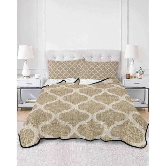 Quilts Queen Size, Khaki Moroccan Soft Comforter Bedding Set for Bed, Boho Retro Country Abstract Geometric Grid Lightweight Quilted Bedspread with Pillow Cover(2 Pieces) for All Season, 90x96 Inch