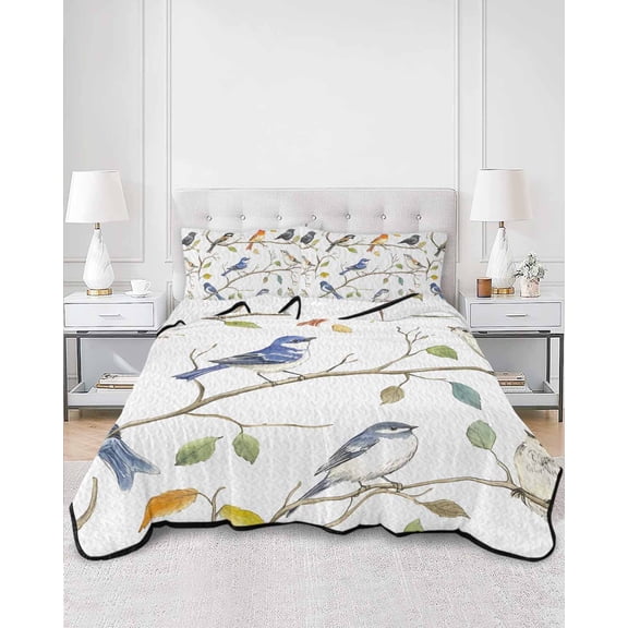 Quilts Queen Size, Leaf Bird Soft Comforter Bedding Set for Bed, Colorful Spring Tree Branch Country Boho Lightweight Quilted Bedspread with Pillow Cover(2 Pieces) for All Season, 90x96 Inch