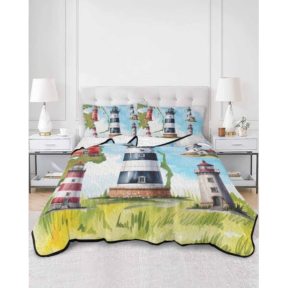 Quilts Queen Size, Lighthouse Soft Comforter Bedding Set for Bed, Red Black Summer Oil Painting Ocean Beach Lightweight Quilted Bedspread with Pillow Cover(2 Pieces) for All Season, 90x96 Inch