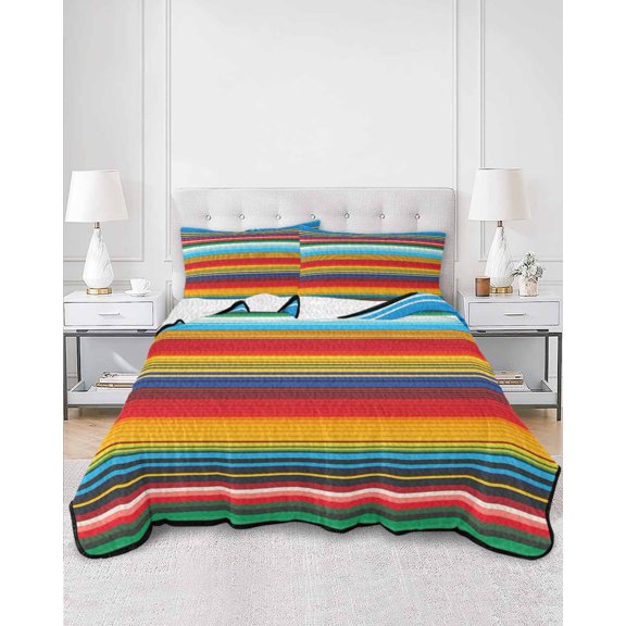 Quilts Queen Size, Mexican Stripes Soft Comforter Bedding Set for Bed, Ethnic Horizontal Lines Tribal Geometric Art Lightweight Quilted Bedspread with Pillow Cover(2 Pieces), 90x96 Inch