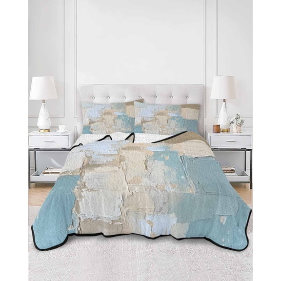 Quilts Queen Size, Modern Abstract Soft Comforter Bedding Set for Bed, Blue Brown Color Blocks Lightweight Quilted Bedspread with Pillow Cover(2 Pieces) for All Season, 90x96 Inch